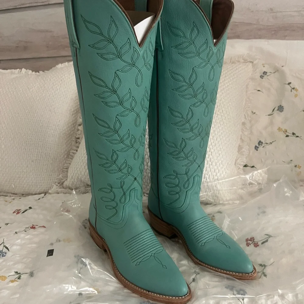 Turquoise Embroidered Knee-High Boots - Picture 1 of 11